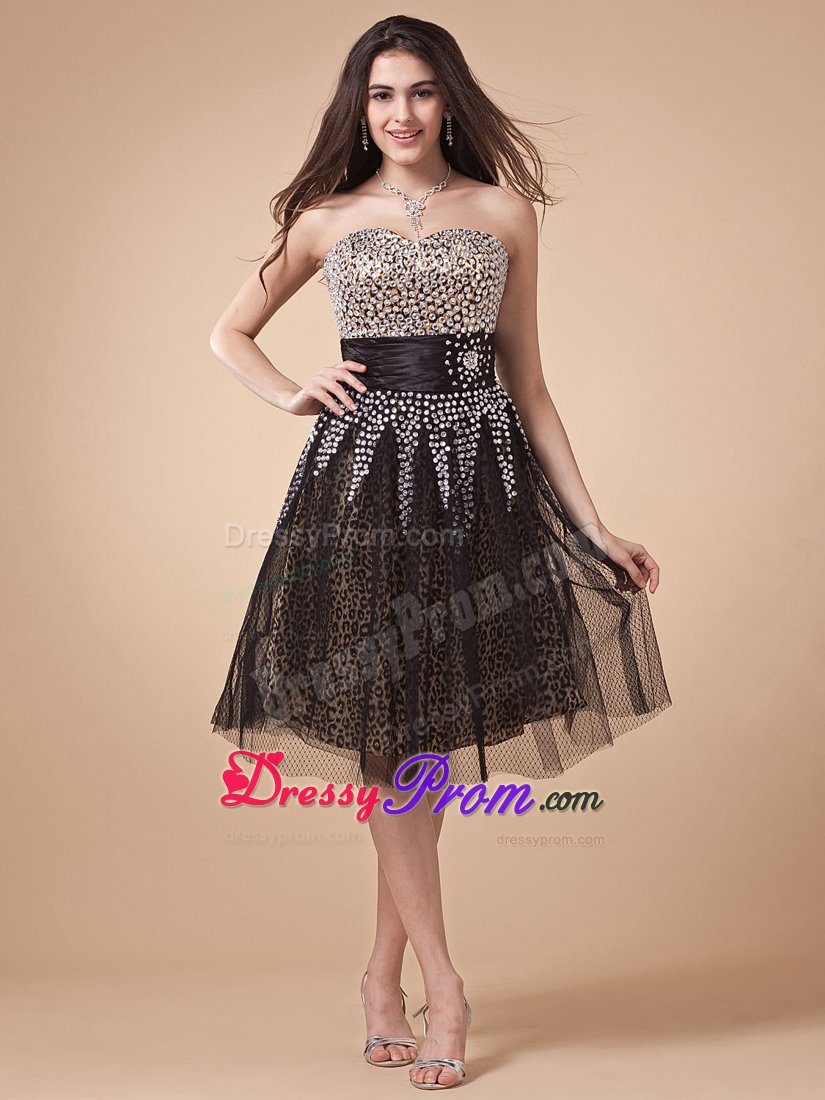 Pretty Leopard Print Knee-length Little Black Dress with Rhinestone