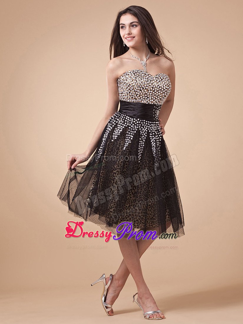 Pretty Leopard Print Knee-length Little Black Dress with Rhinestone