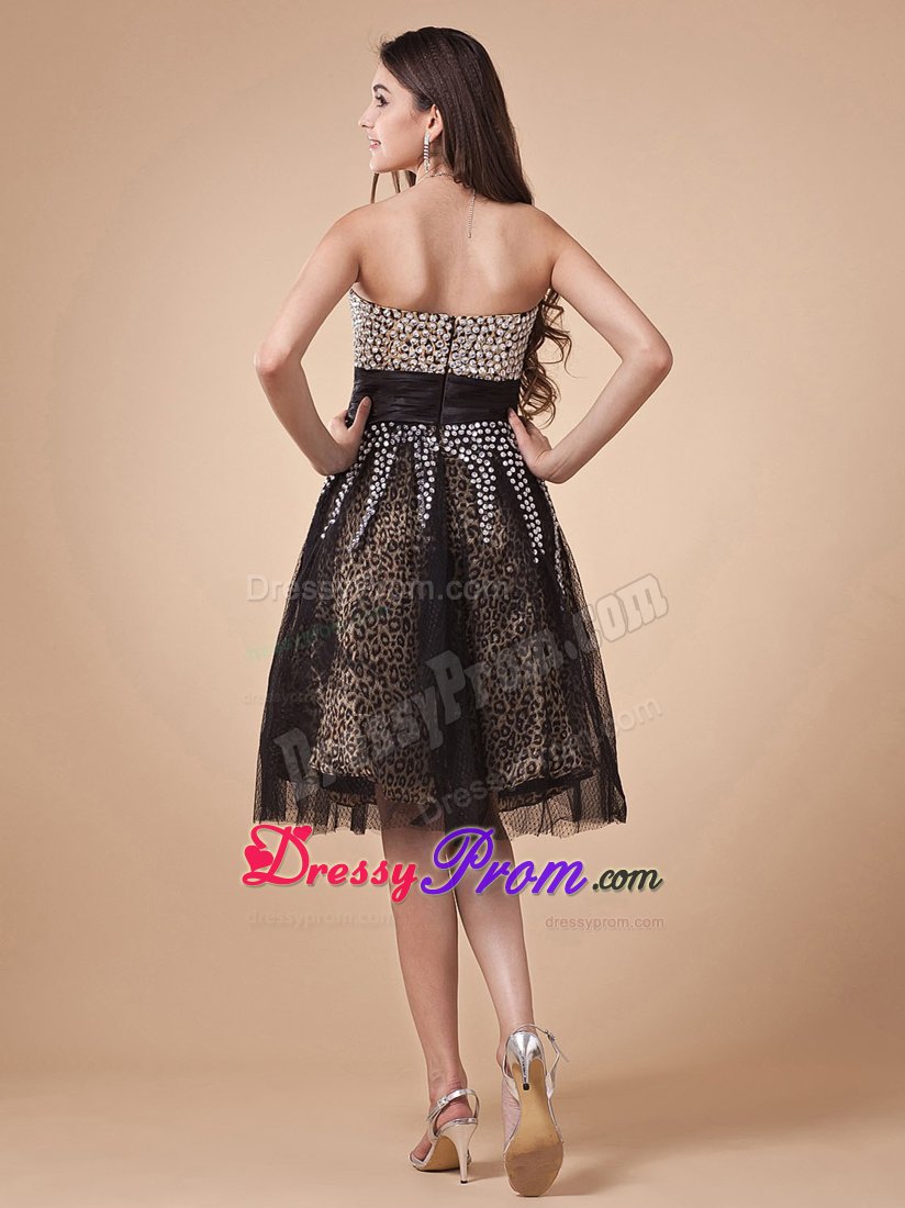 Pretty Leopard Print Knee-length Little Black Dress with Rhinestone