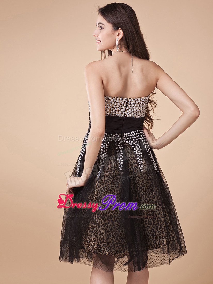 Pretty Leopard Print Knee-length Little Black Dress with Rhinestone