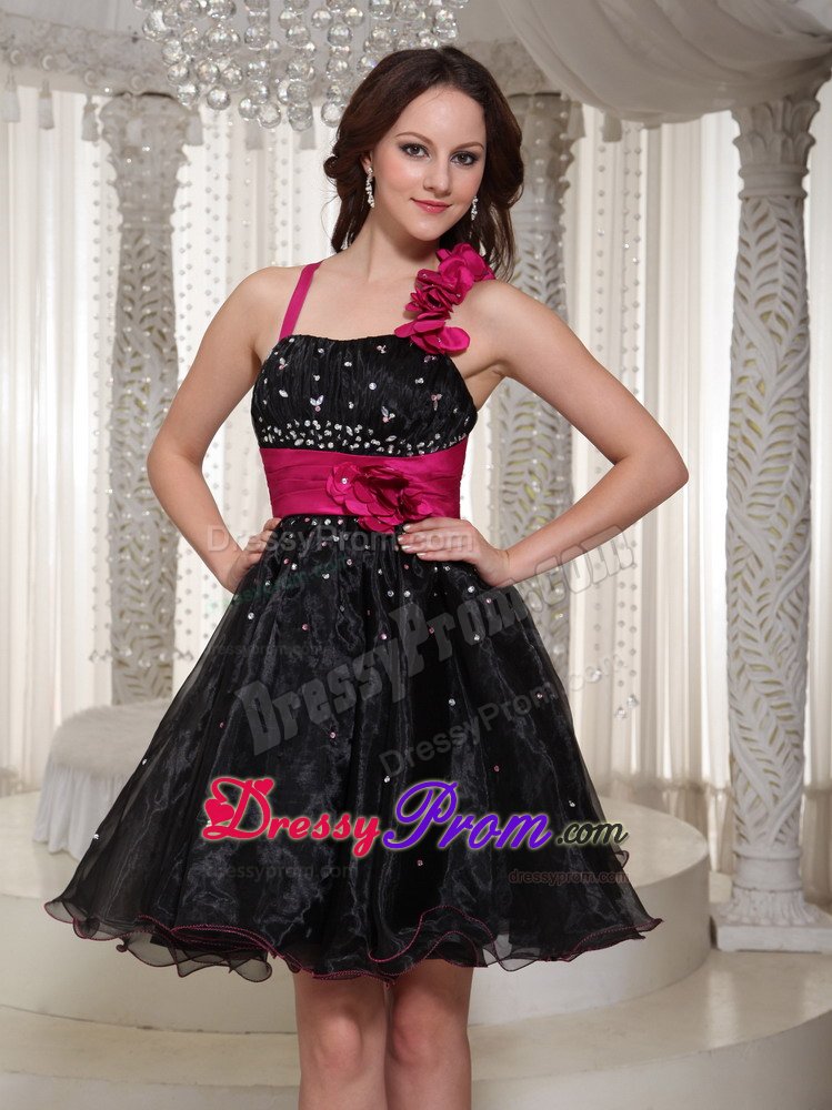 One Shoulder Puffy Beaded LBD Dress with Handmade Flowers