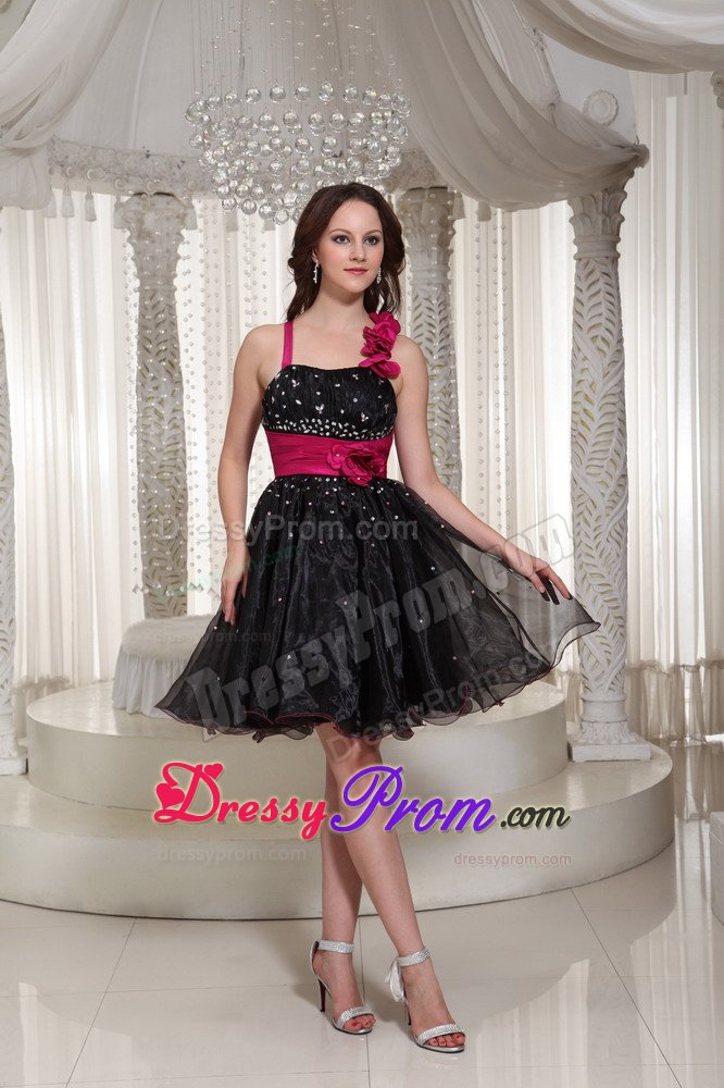 One Shoulder Puffy Beaded LBD Dress with Handmade Flowers