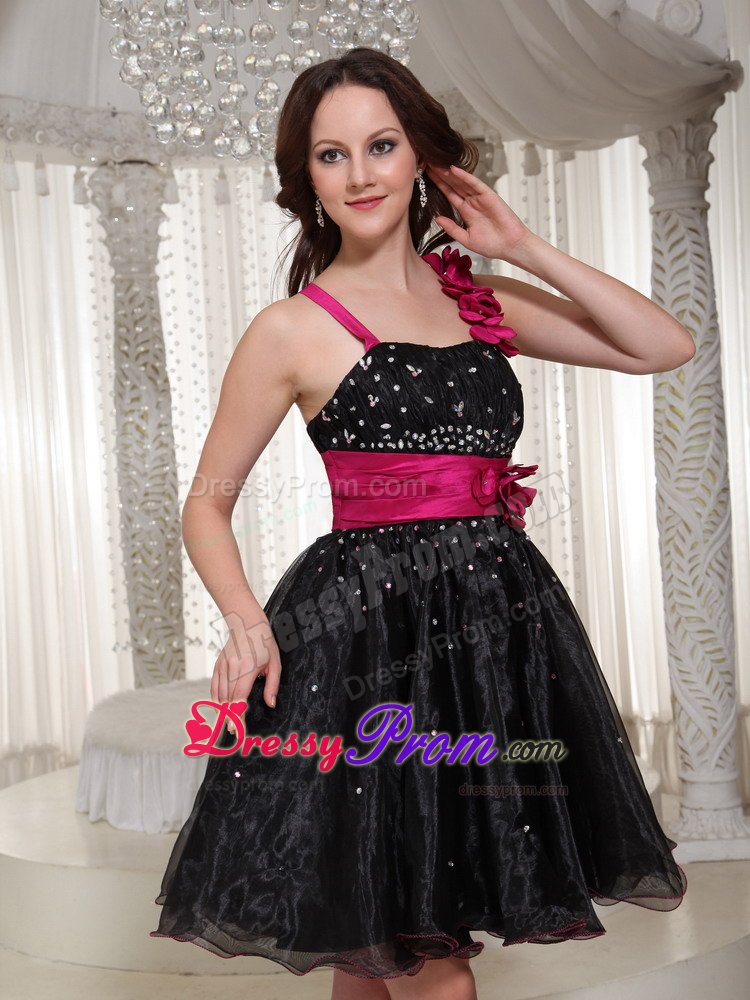 One Shoulder Puffy Beaded LBD Dress with Handmade Flowers