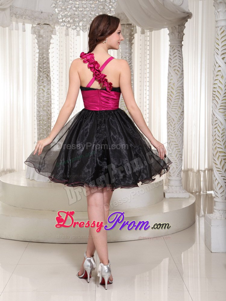 One Shoulder Puffy Beaded LBD Dress with Handmade Flowers