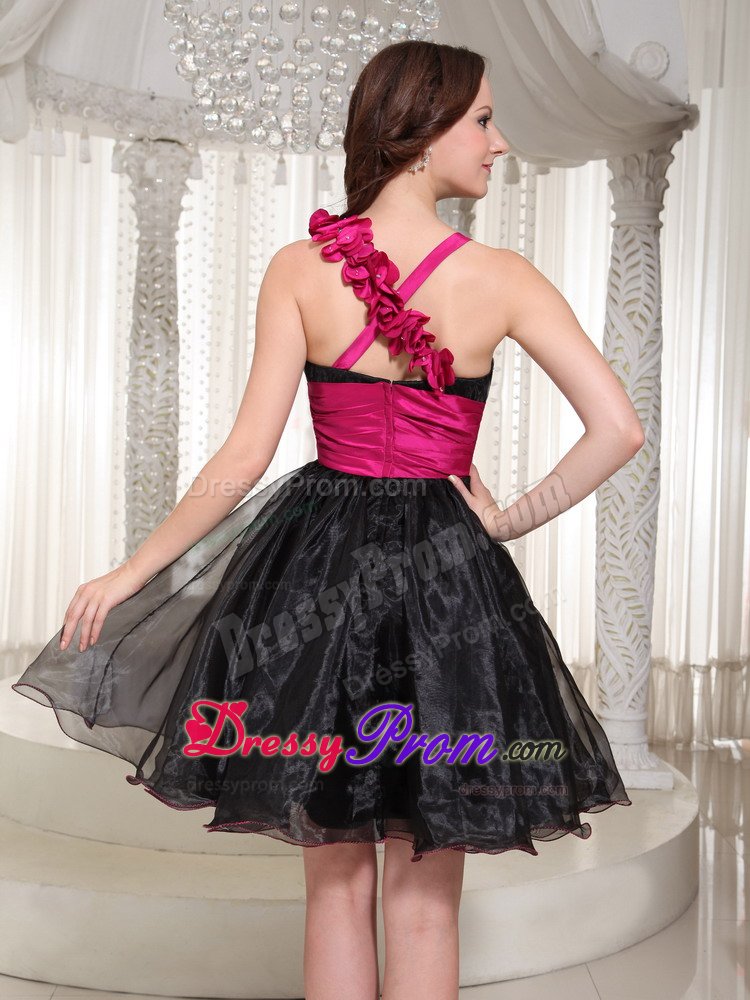 One Shoulder Puffy Beaded LBD Dress with Handmade Flowers