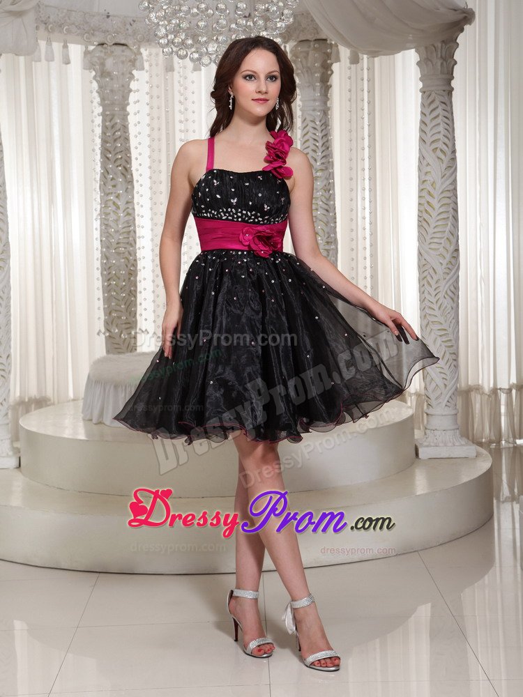 One Shoulder Puffy Beaded LBD Dress with Handmade Flowers