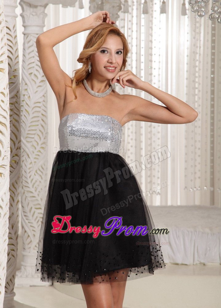 Strapless Mini-length Sequin Little Black and White Dress for Party