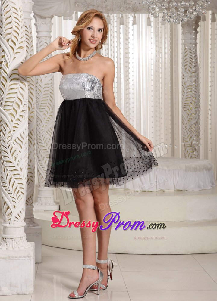Strapless Mini-length Sequin Little Black and White Dress for Party