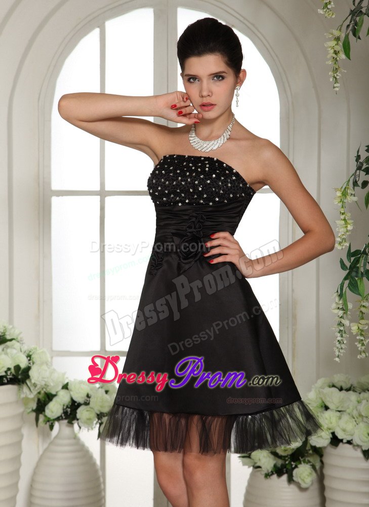 Elegant Taffeta Tulle Mini-Length Strapless Black Evening Dresses