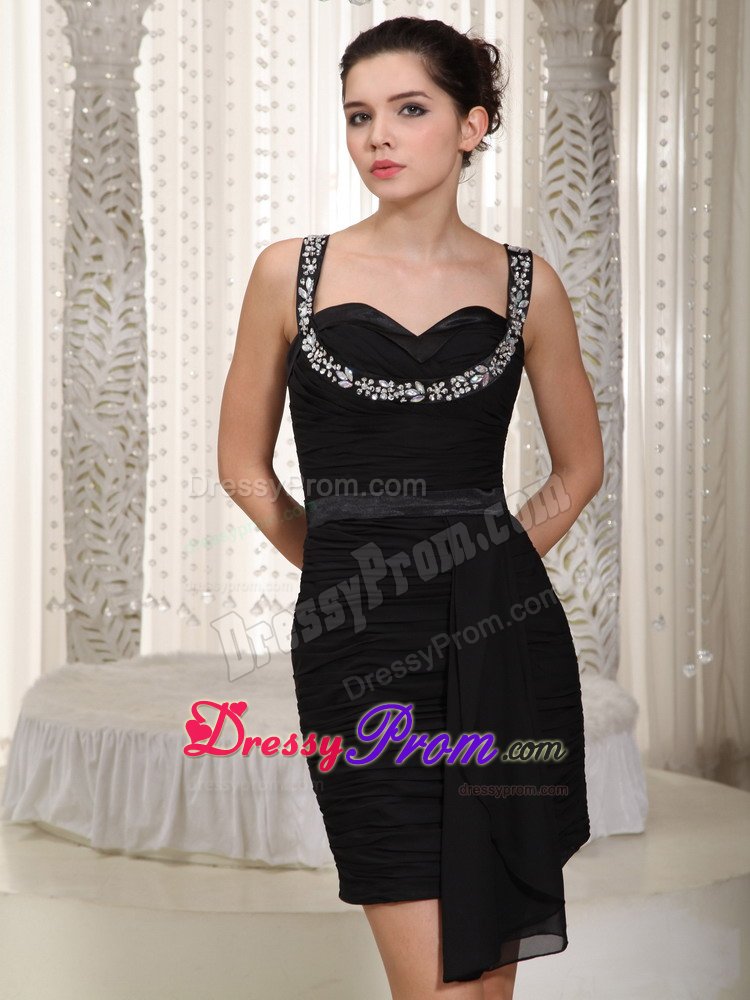 Hot Straps Ruched Chiffon Black Evening Dresses for 2014 Spring