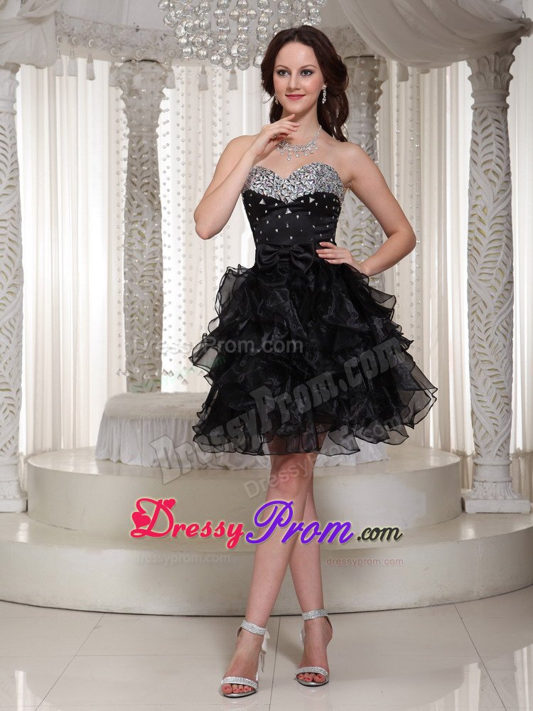 Organza Sweetheart Ruffled Little Black Dress with Rhinestones