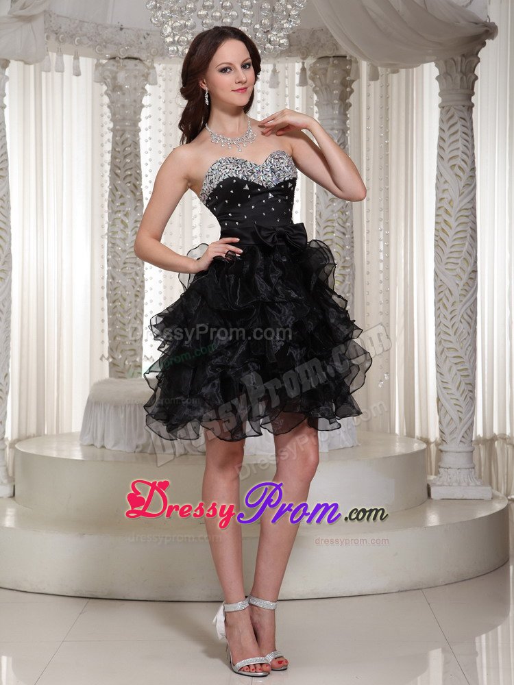 Organza Sweetheart Ruffled Little Black Dress with Rhinestones