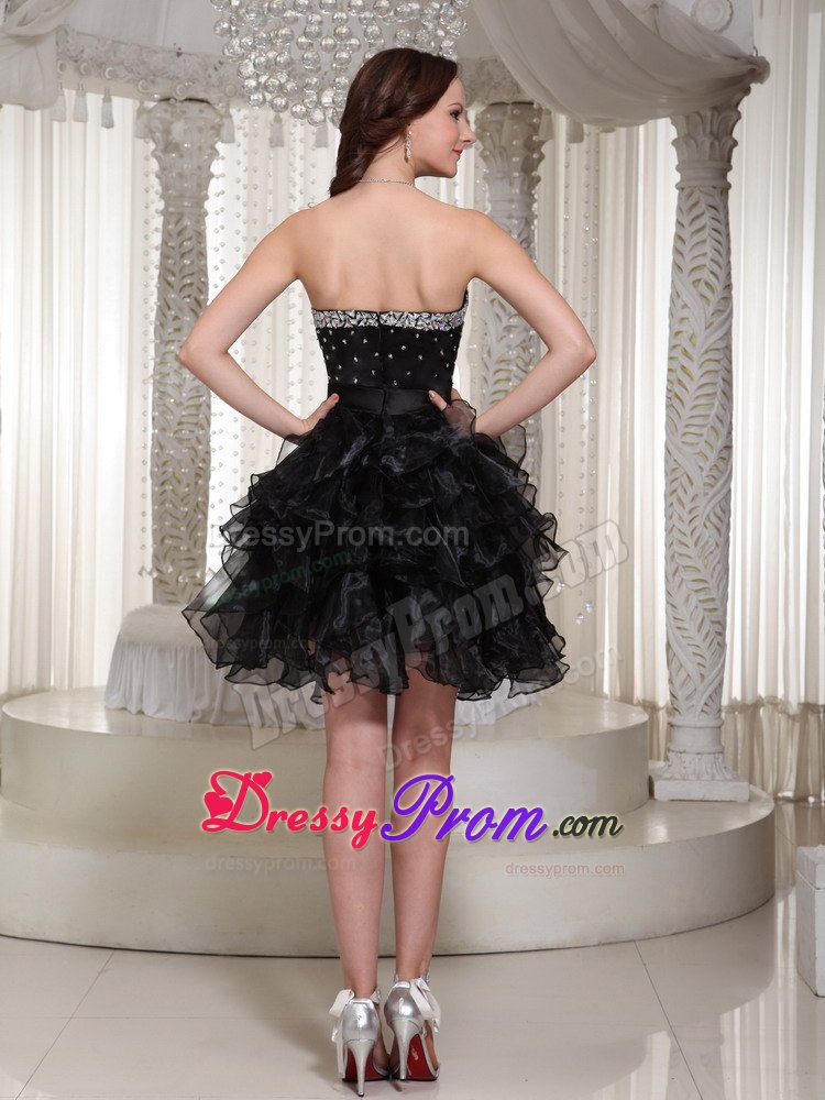 Organza Sweetheart Ruffled Little Black Dress with Rhinestones