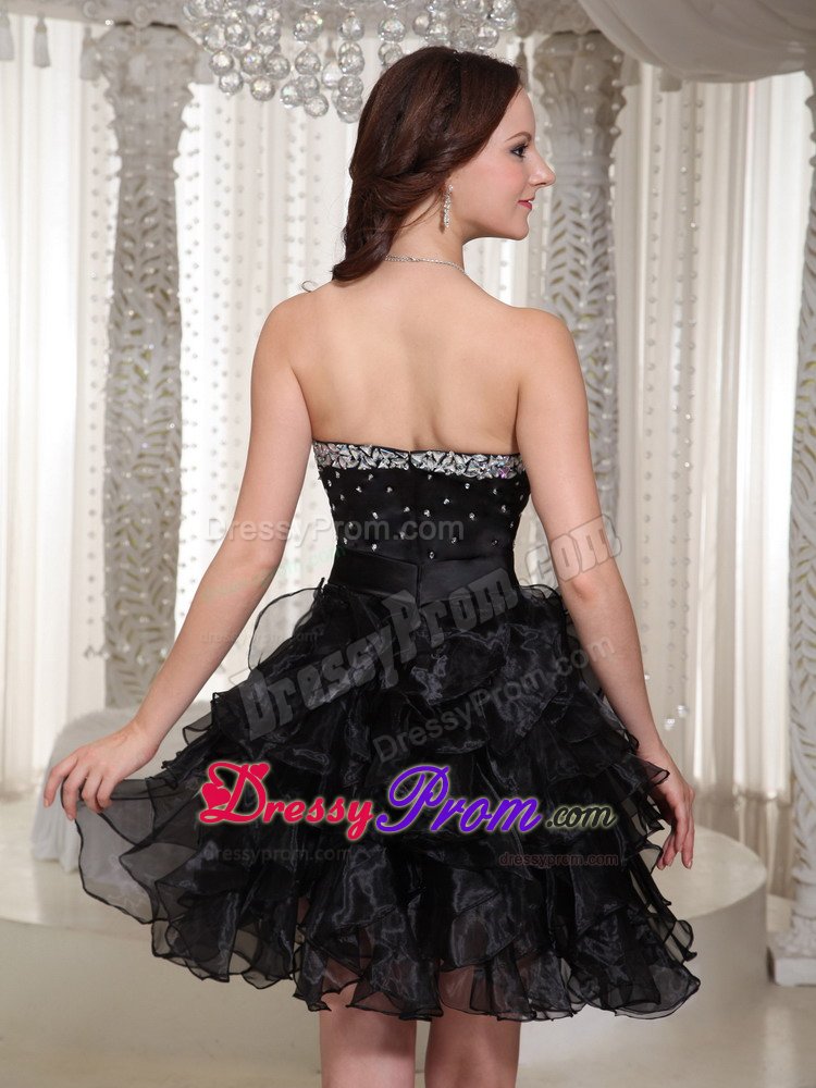 Organza Sweetheart Ruffled Little Black Dress with Rhinestones