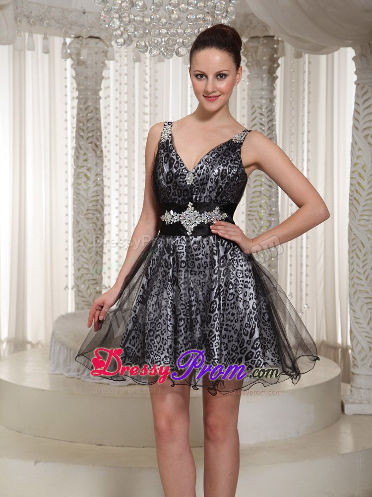 Sexy Leopard Print Rhinestones V-Neck Junior Little Black Dress