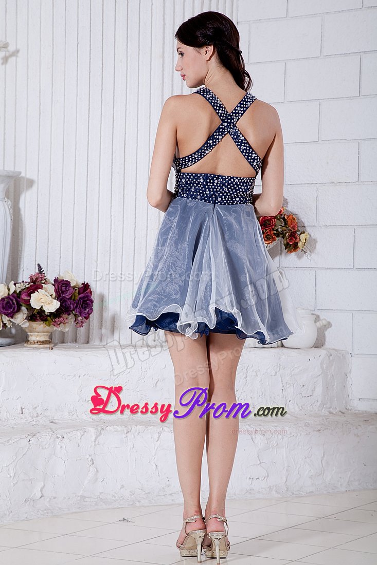 Modernistic Crisscross Back v-Neck Blue And White Party Dress