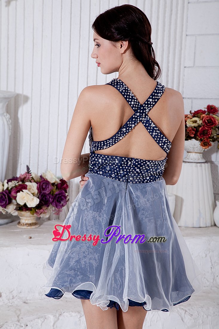 Modernistic Crisscross Back v-Neck Blue And White Party Dress