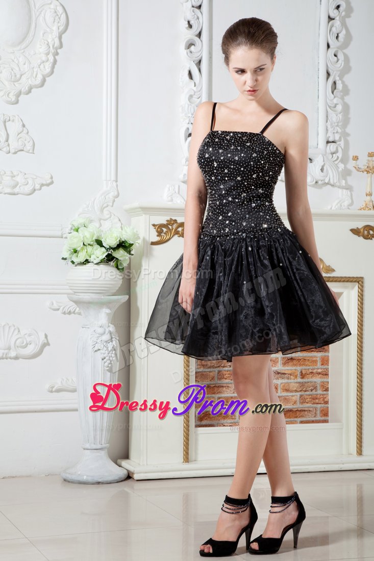 Beautiful Spaghetti Straps Beaded Puffy Black Evening Dresses
