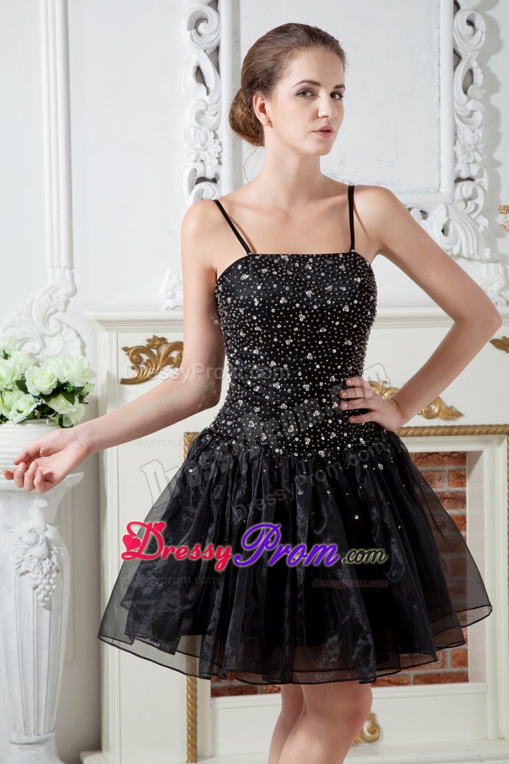 Beautiful Spaghetti Straps Beaded Puffy Black Evening Dresses