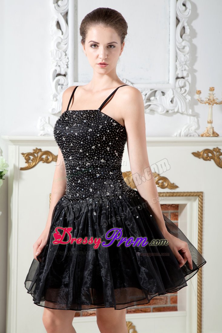 Beautiful Spaghetti Straps Beaded Puffy Black Evening Dresses