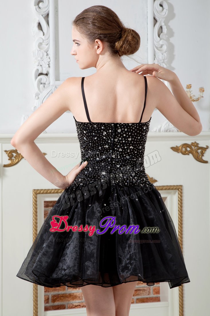 Beautiful Spaghetti Straps Beaded Puffy Black Evening Dresses