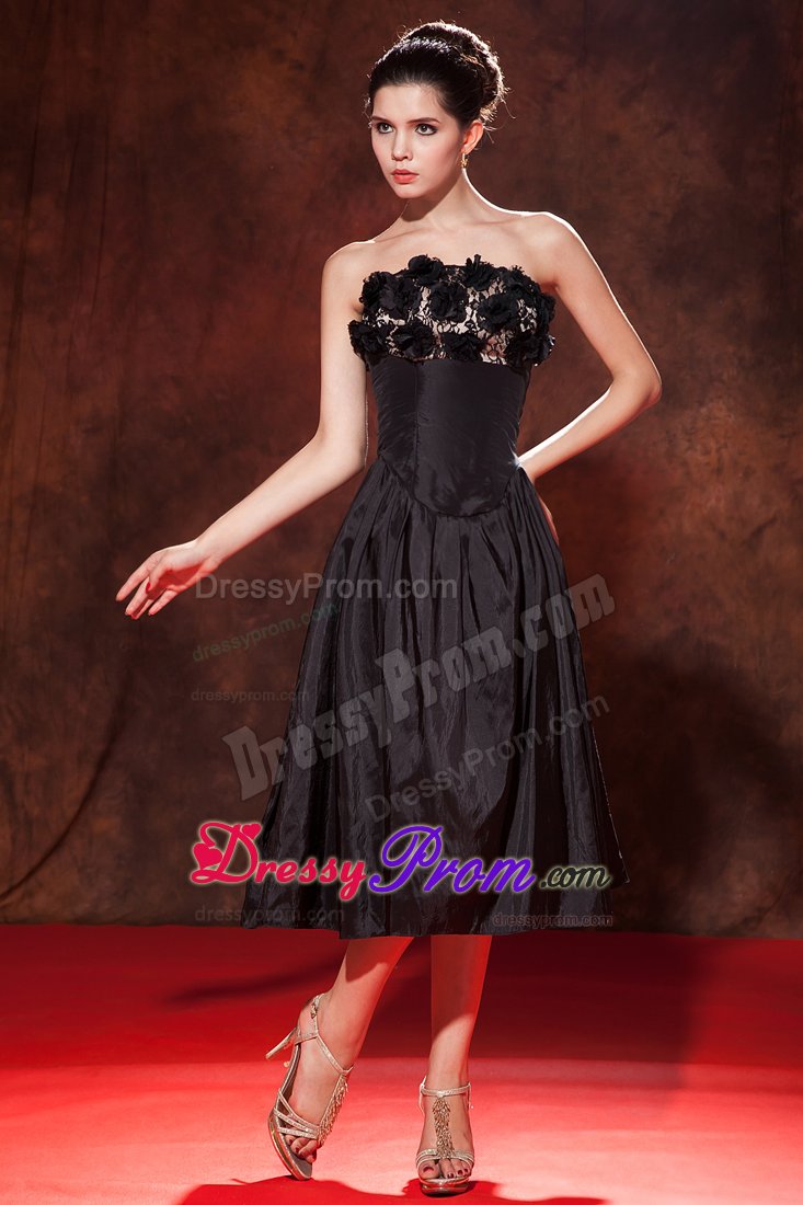 Tea-Length Strapless Black Party Dress with Handmade Flowers