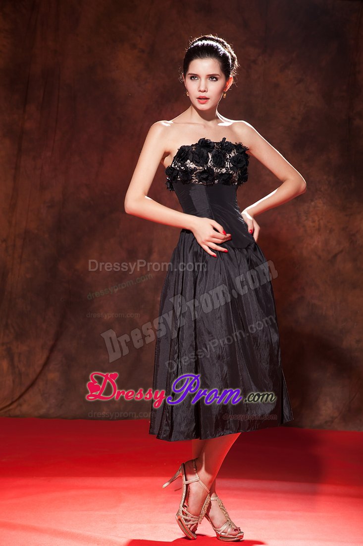 Tea-Length Strapless Black Party Dress with Handmade Flowers
