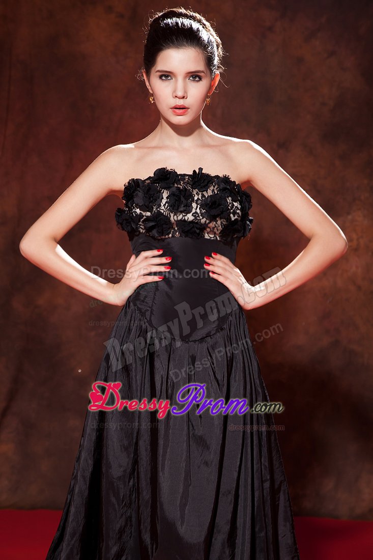 Tea-Length Strapless Black Party Dress with Handmade Flowers