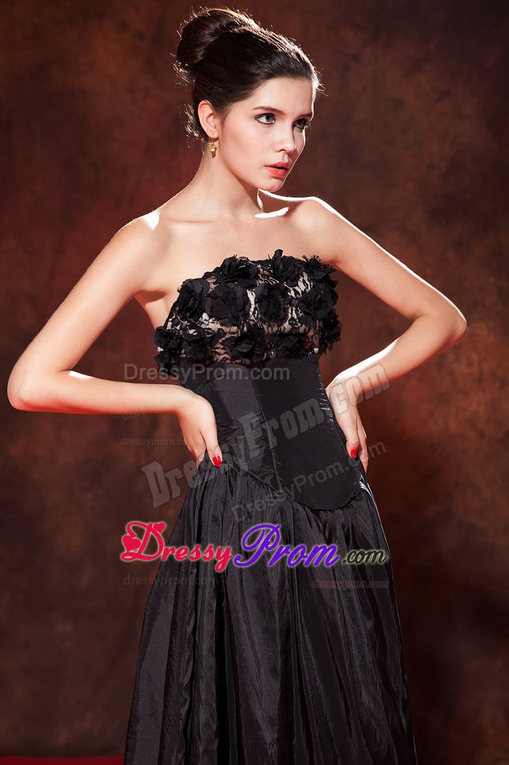 Tea-Length Strapless Black Party Dress with Handmade Flowers