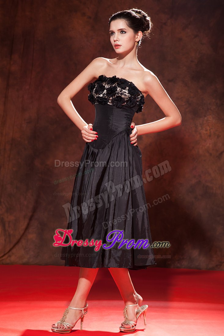 Tea-Length Strapless Black Party Dress with Handmade Flowers