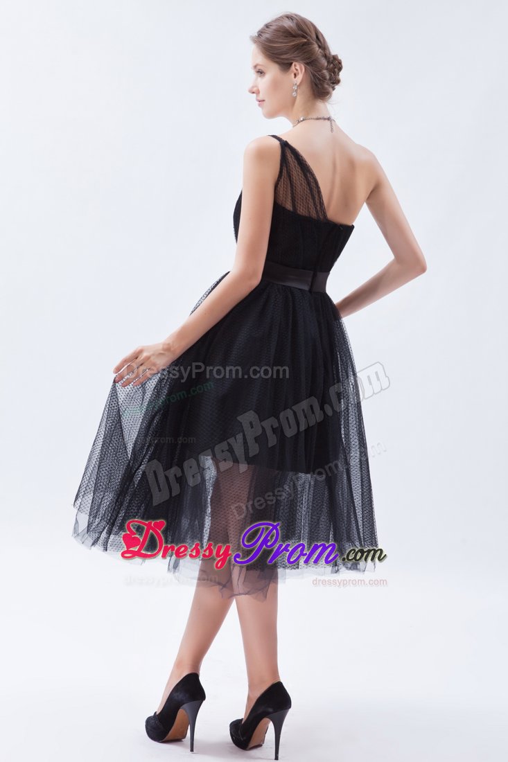 Free Shipping Tulle One Shoulder Tea-Length Little Black Dress