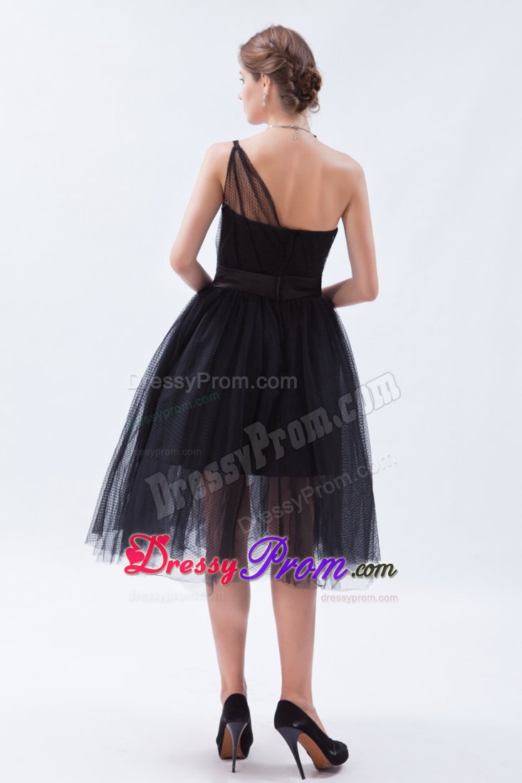 Free Shipping Tulle One Shoulder Tea-Length Little Black Dress