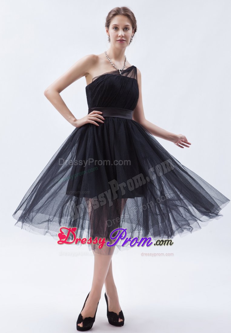 Free Shipping Tulle One Shoulder Tea-Length Little Black Dress