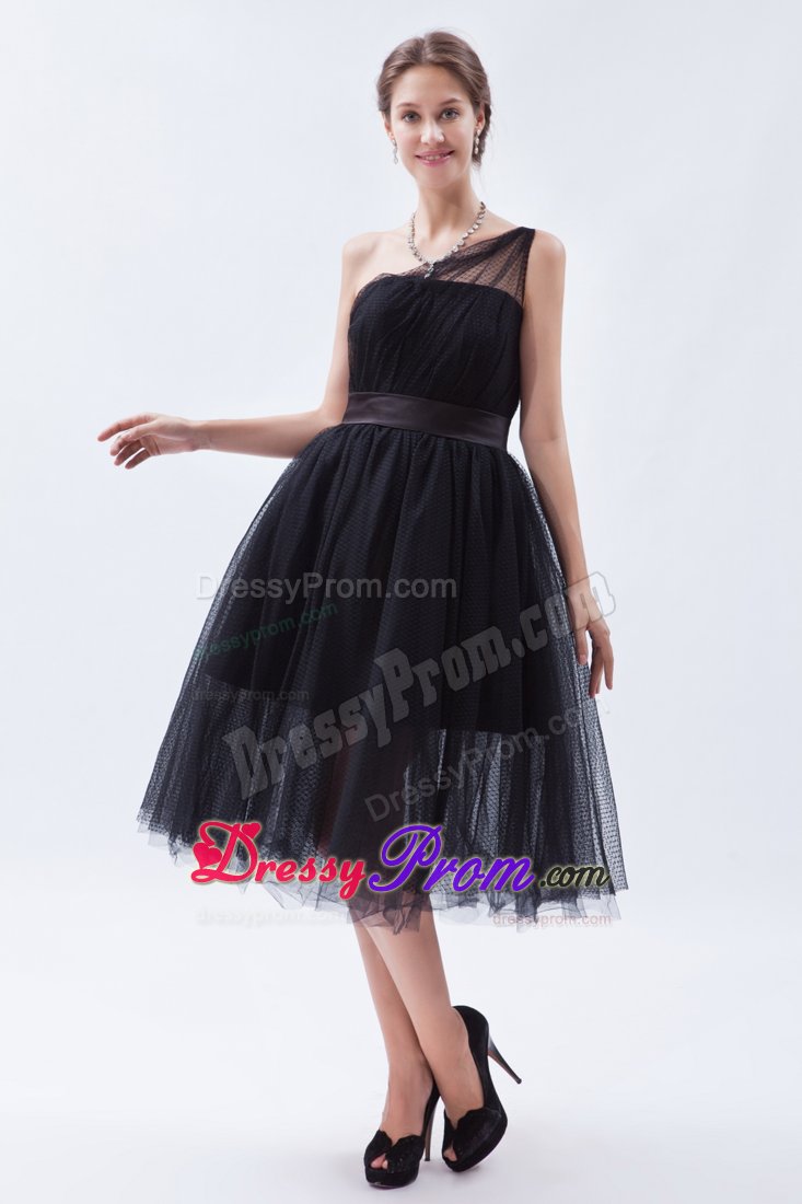 Free Shipping Tulle One Shoulder Tea-Length Little Black Dress