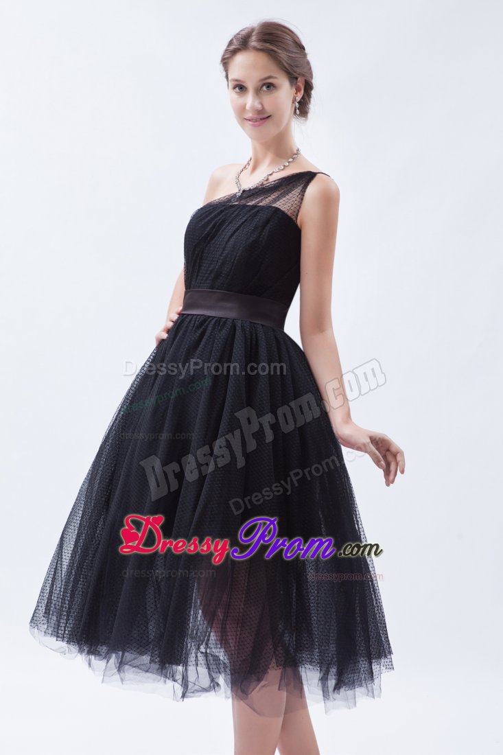 Free Shipping Tulle One Shoulder Tea-Length Little Black Dress