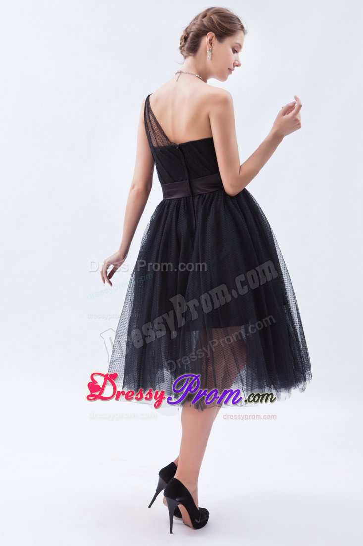 Free Shipping Tulle One Shoulder Tea-Length Little Black Dress