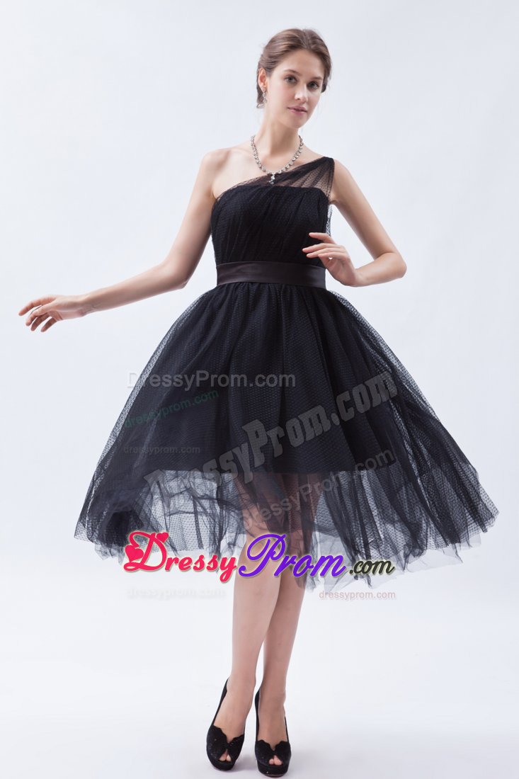 Free Shipping Tulle One Shoulder Tea-Length Little Black Dress