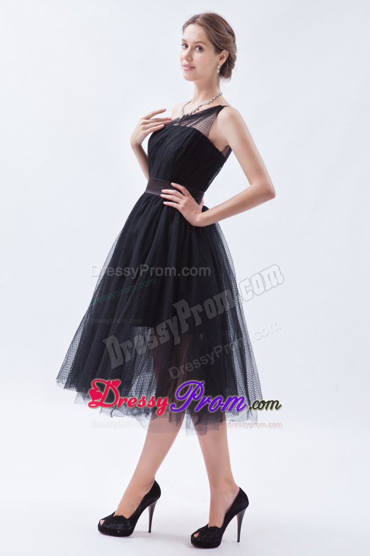 Free Shipping Tulle One Shoulder Tea-Length Little Black Dress