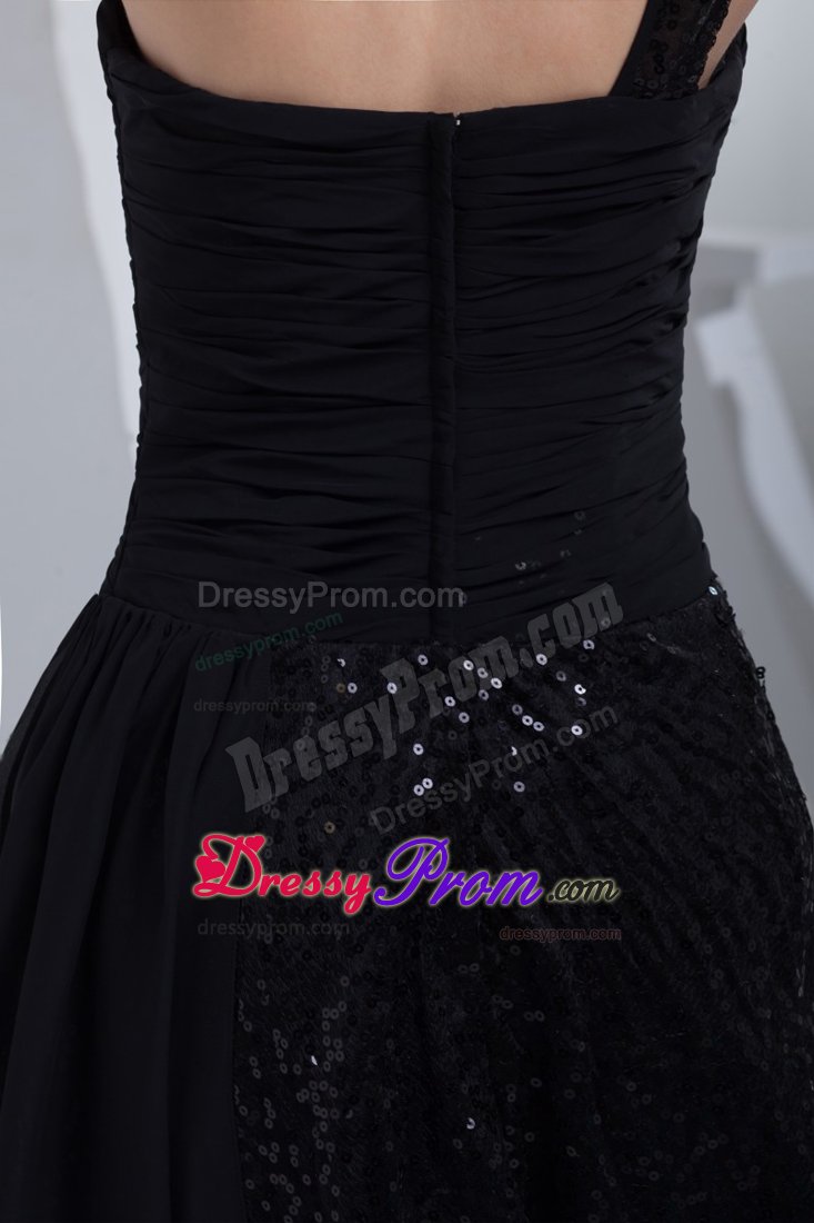 Chiffon One Shoulder Sequin Ruched Lil Black Dress Zipper-up