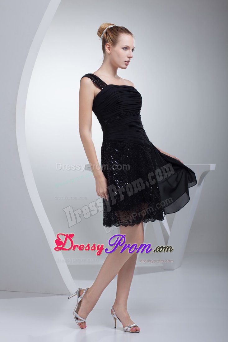 Chiffon One Shoulder Sequin Ruched Lil Black Dress Zipper-up