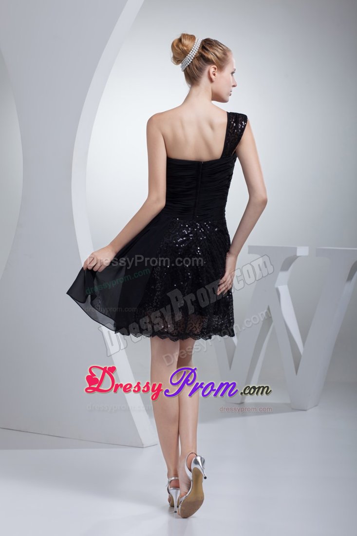 Chiffon One Shoulder Sequin Ruched Lil Black Dress Zipper-up