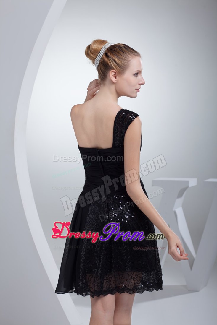 Chiffon One Shoulder Sequin Ruched Lil Black Dress Zipper-up