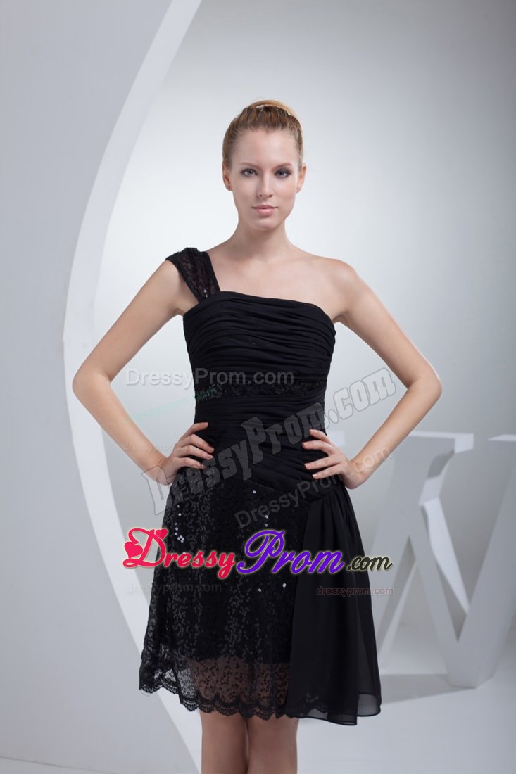 Chiffon One Shoulder Sequin Ruched Lil Black Dress Zipper-up