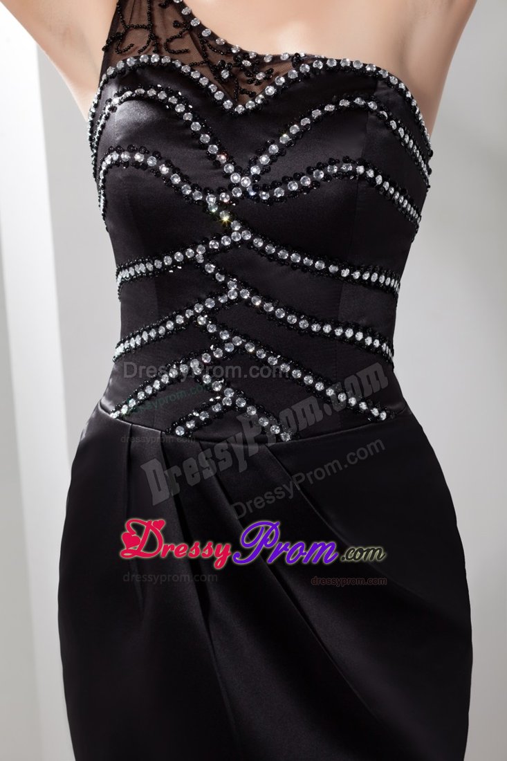 Affordable Column One Shoulder Beaded Little Black Party Dress