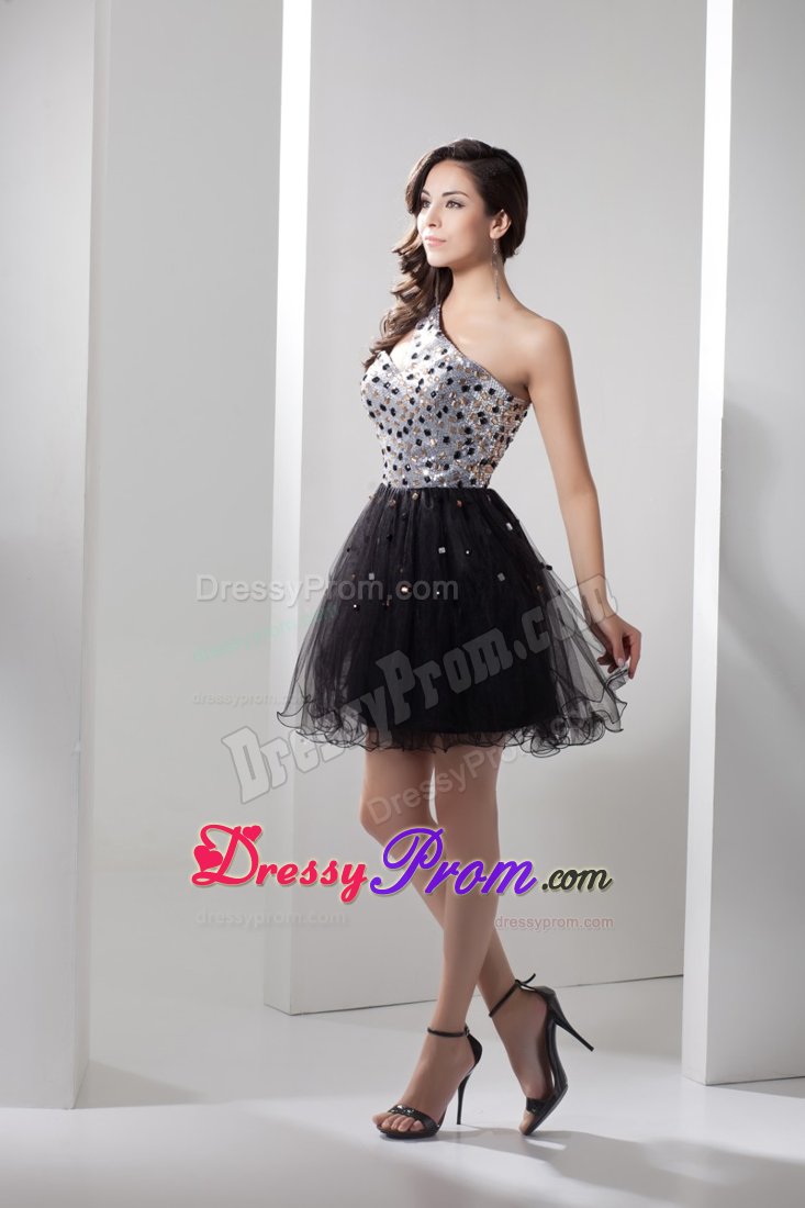 One Shoulder Puffy Little Black Dress with Paillette in Montgomery