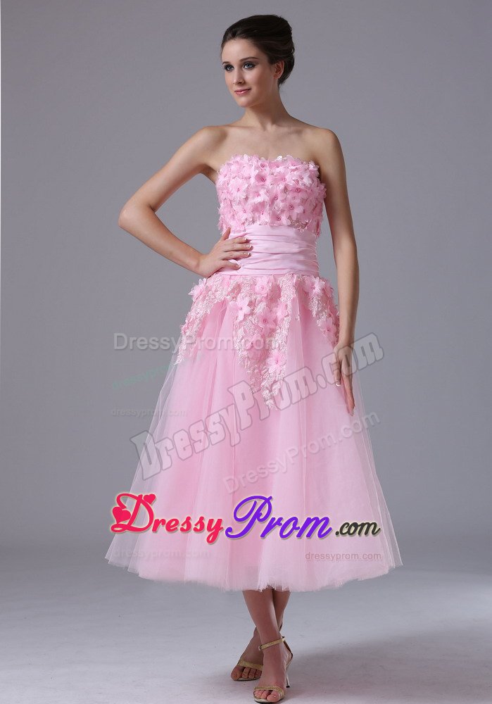 A-line Tea-length Pink Prom Dresses with Handmade Flowers