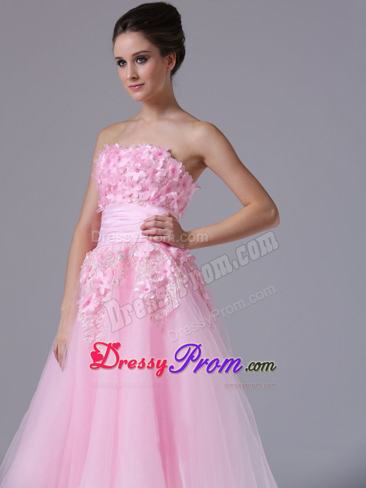 A-line Tea-length Pink Prom Dresses with Handmade Flowers