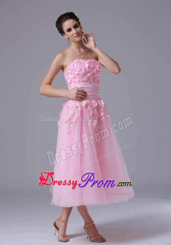 A-line Tea-length Pink Prom Dresses with Handmade Flowers