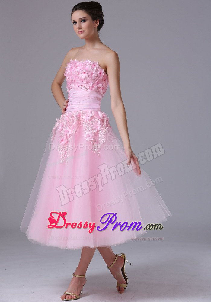 A-line Tea-length Pink Prom Dresses with Handmade Flowers