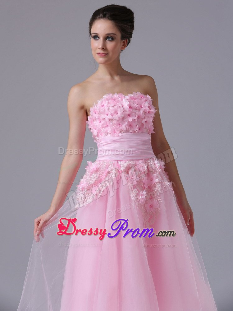 A-line Tea-length Pink Prom Dresses with Handmade Flowers